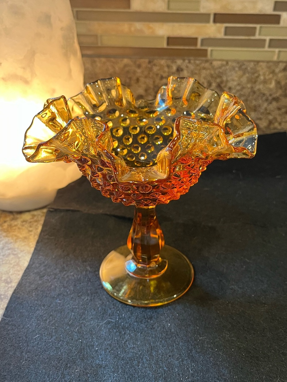 Vintage 1960s Fenton Amber Hobnail Compote • Ruffled Edge Pedestal Bowl